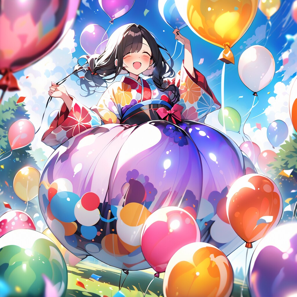 庭園で沢山風船を膨らませるフレアスカートの美女 | の人気AIイラスト・グラビア