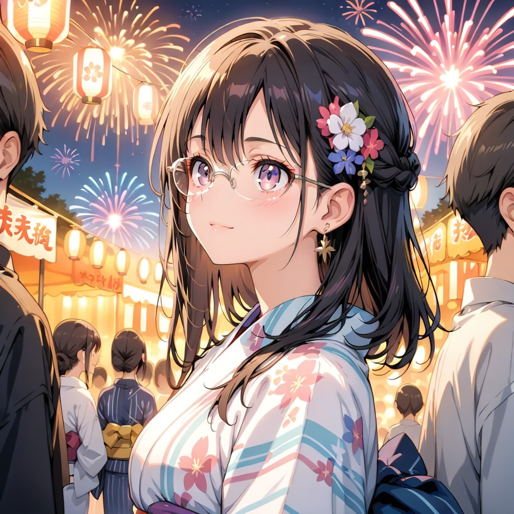 黒髪メガネ　夏祭り | の人気AIイラスト・グラビア