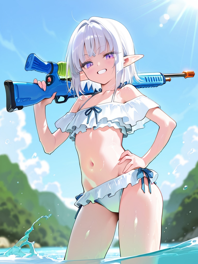 川遊びをするエルフの女の子