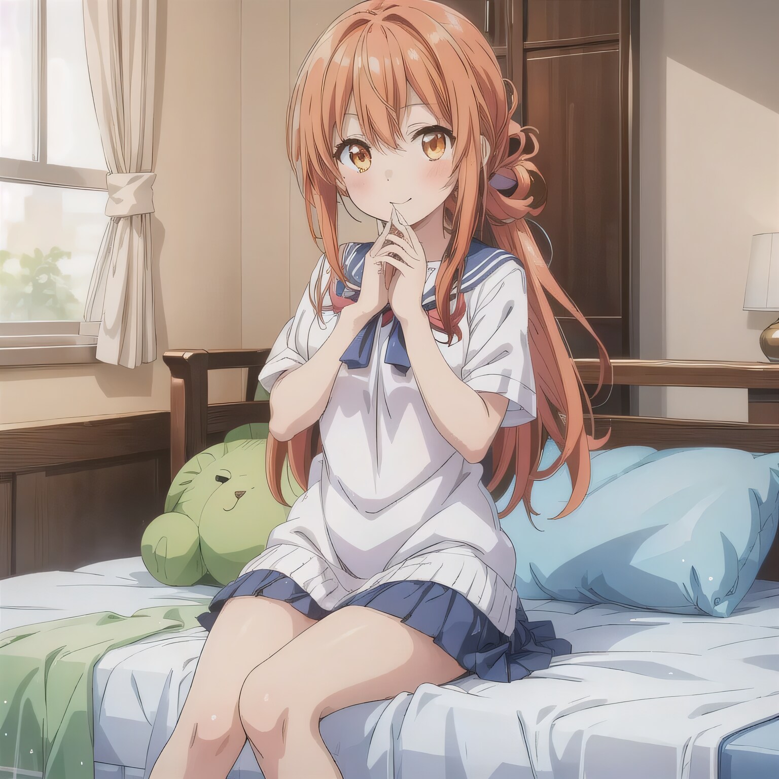 茶髪ポニテで寝室の少女 | の人気AIイラスト・グラビア