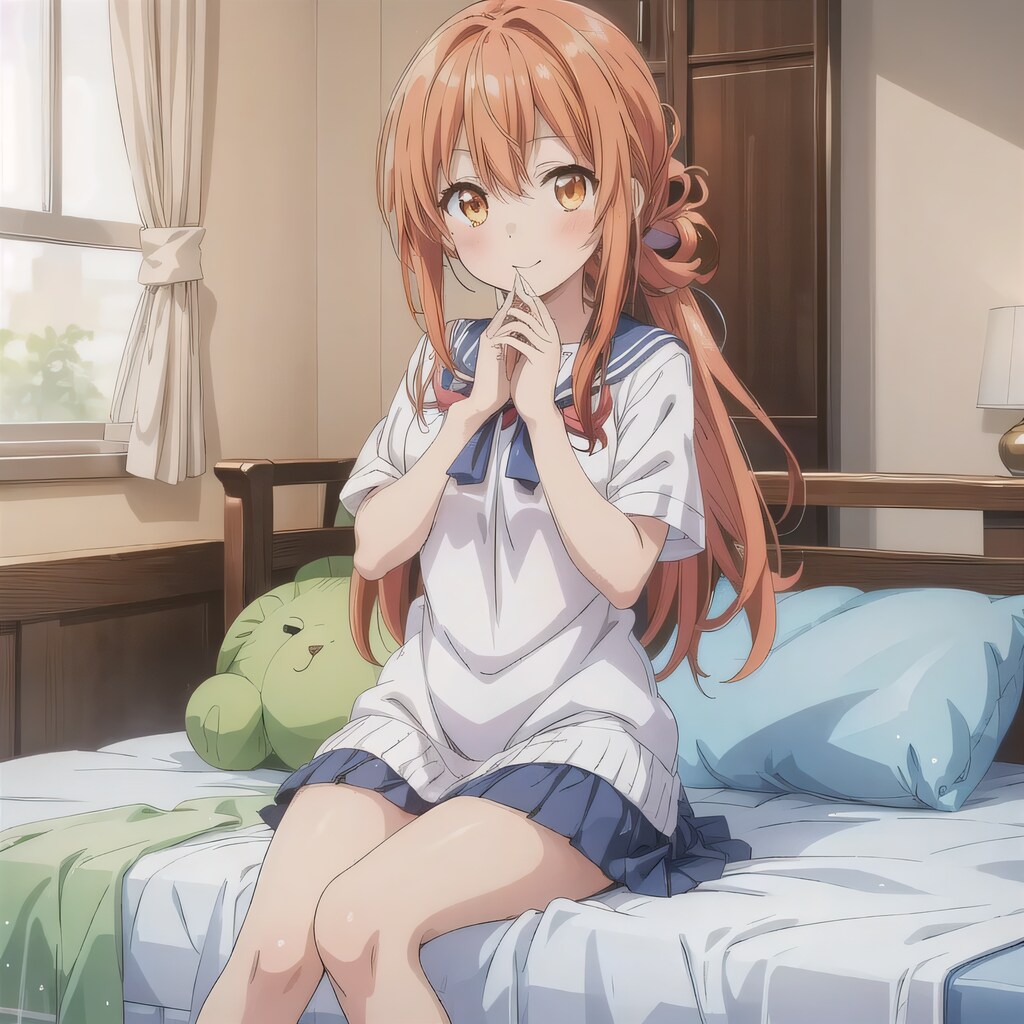 茶髪ポニテで寝室の少女