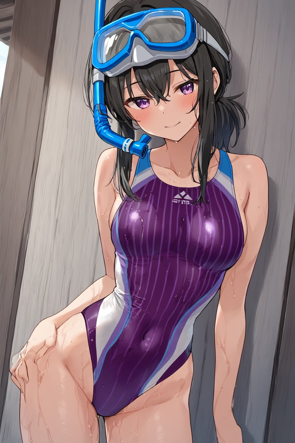 紫のストライプの競泳水着を着用する少女
