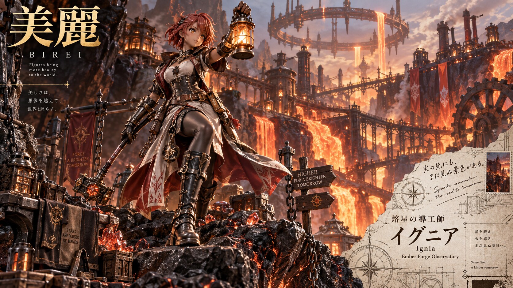 A lantern held high above a forge-city of molten light, steam and gears carved into the mountainside | の人気AIイラスト・グラビア