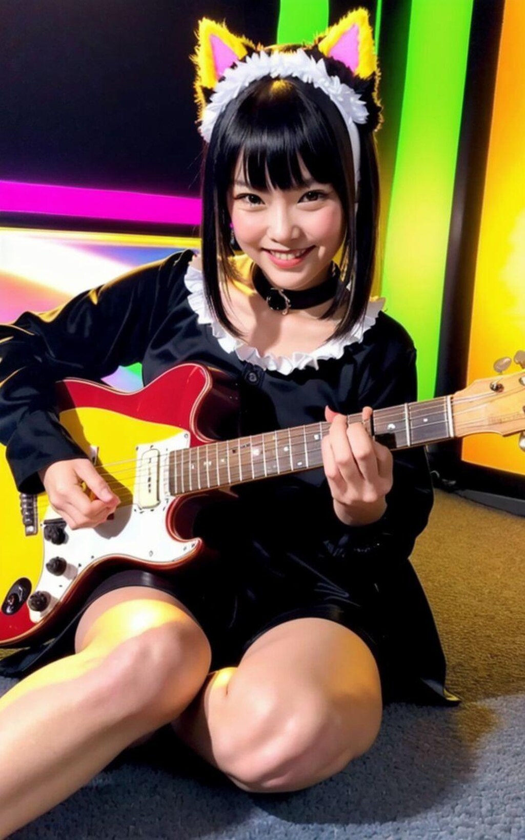 黒猫美女のギタープレイ