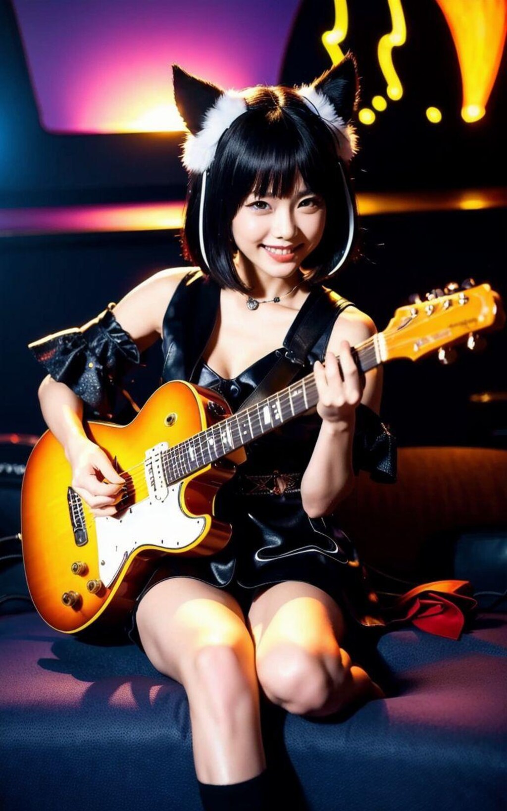 黒猫美女のギタープレイ