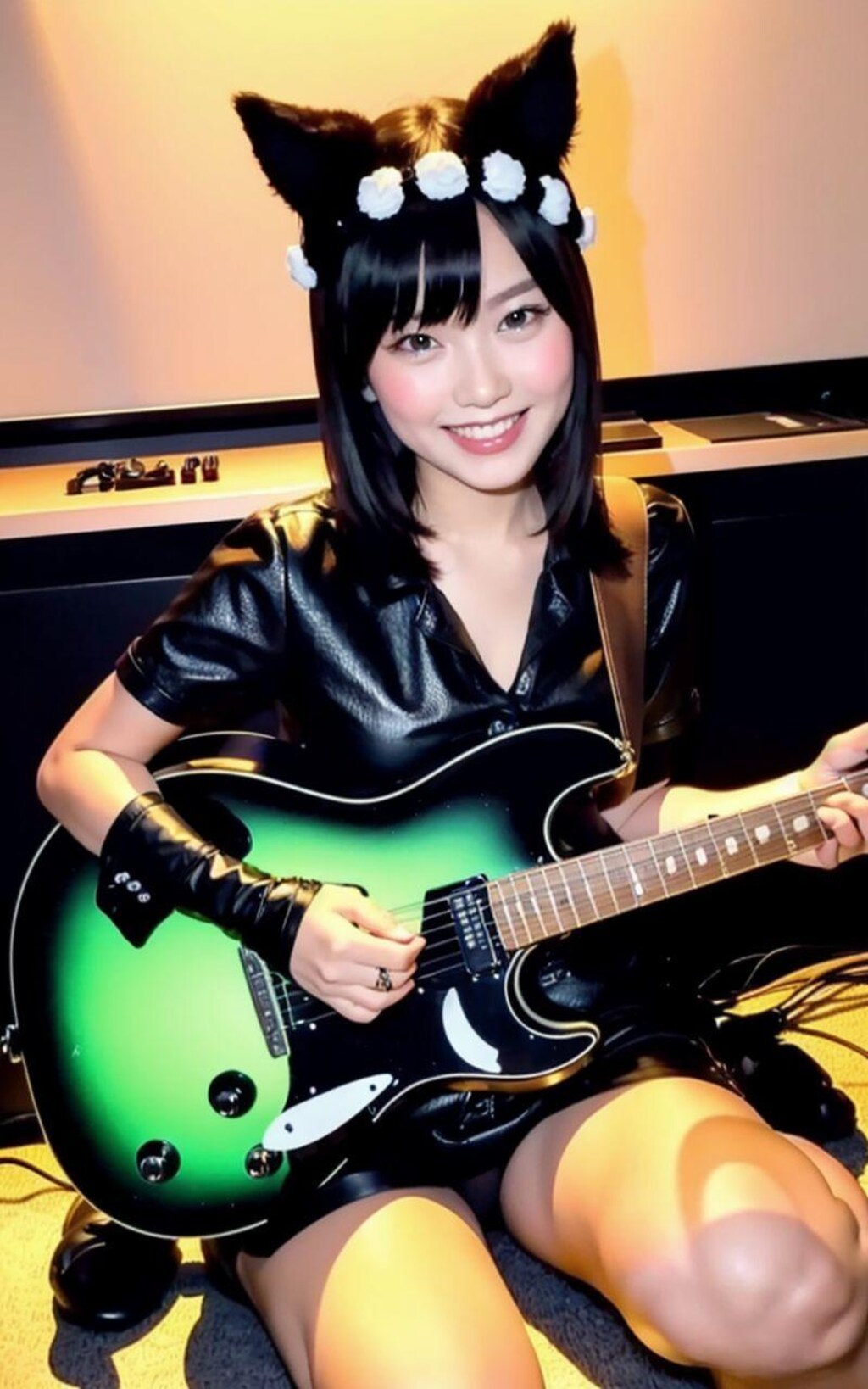 黒猫美女のギタープレイ