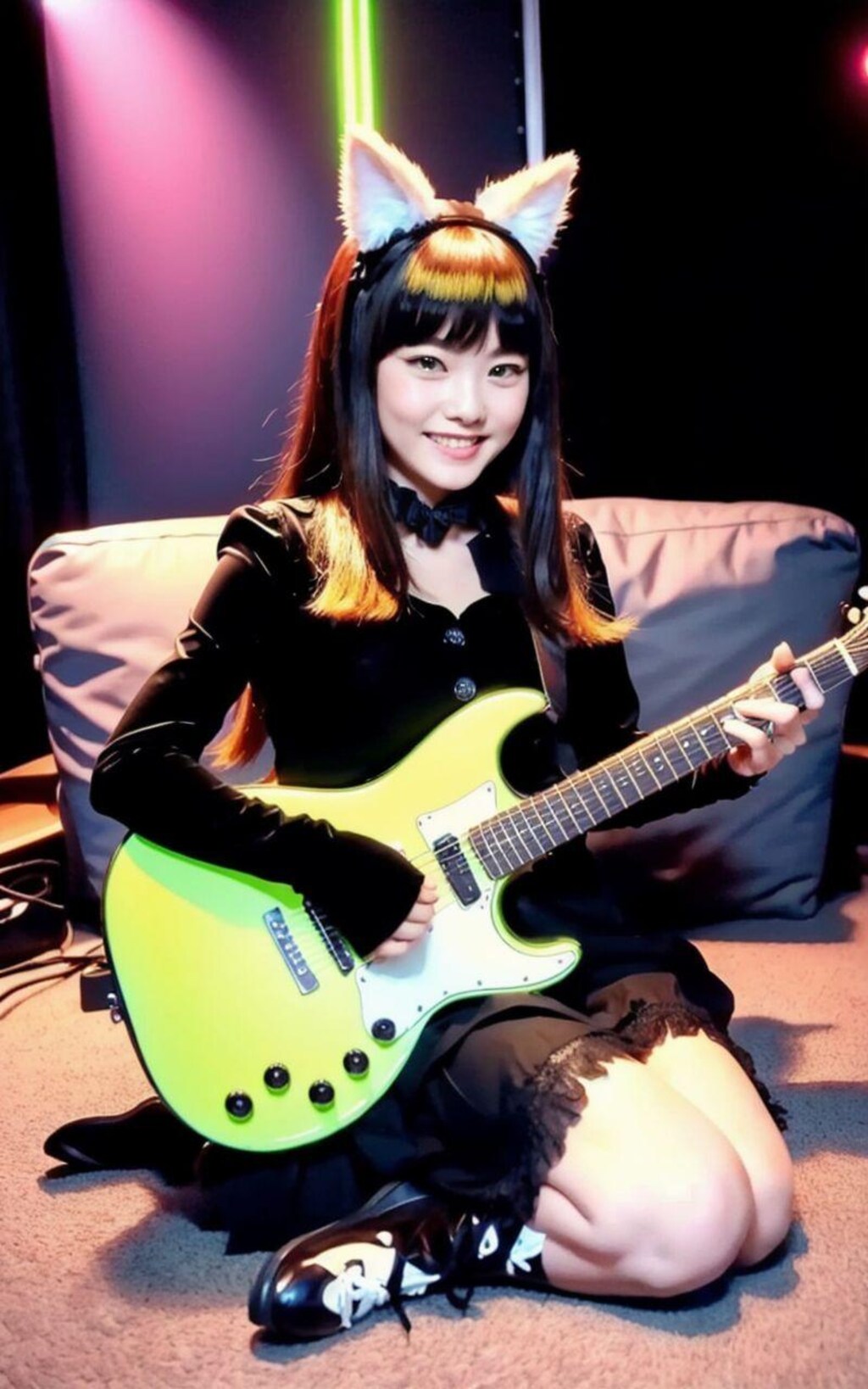 黒猫美女のギタープレイ