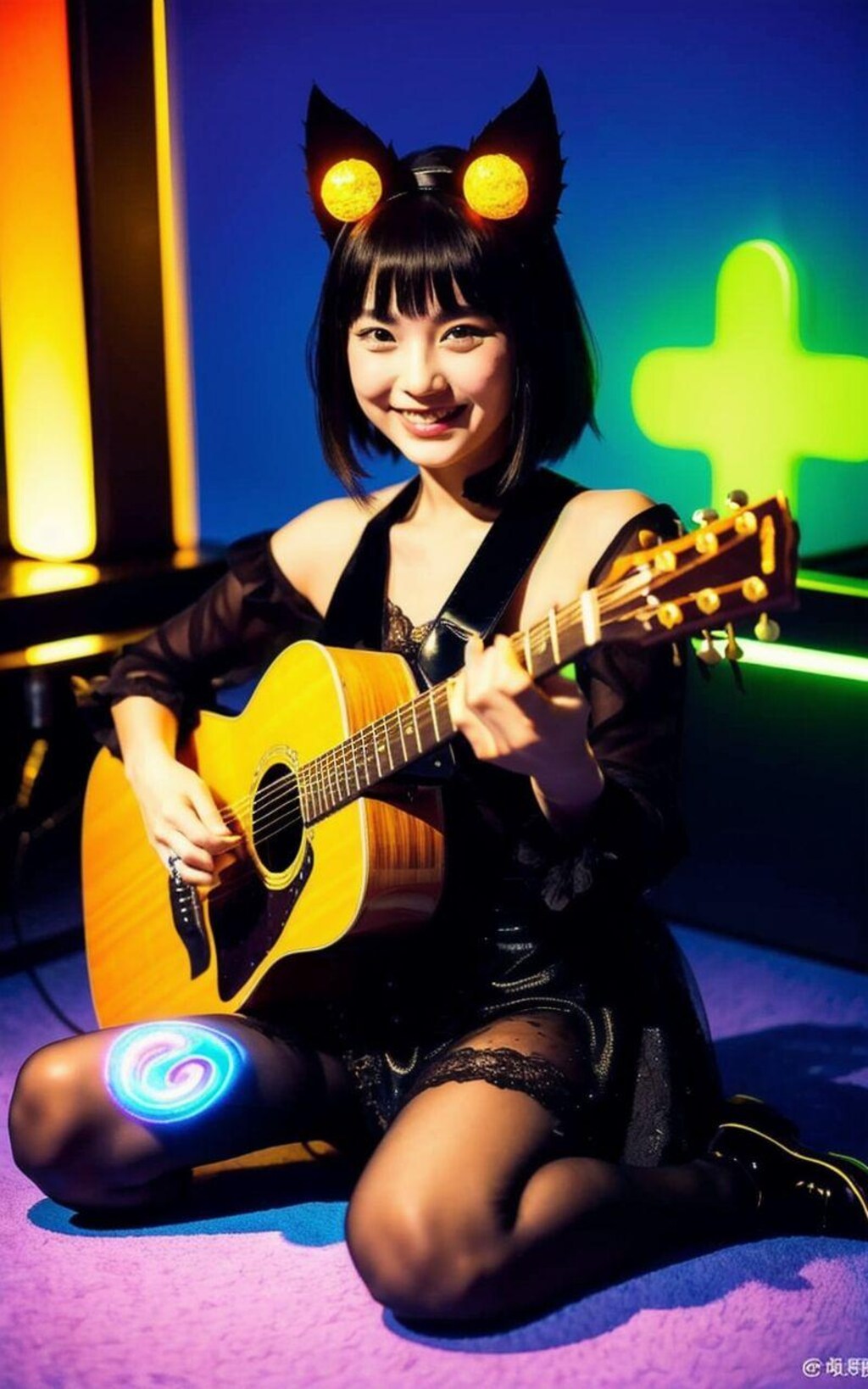 黒猫美女のギタープレイ