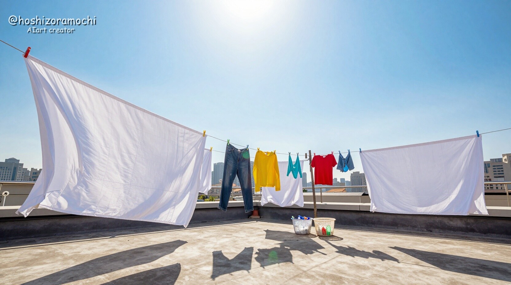 屋上庭園の風に揺れる洗濯物と青空 | の人気AIイラスト・グラビア