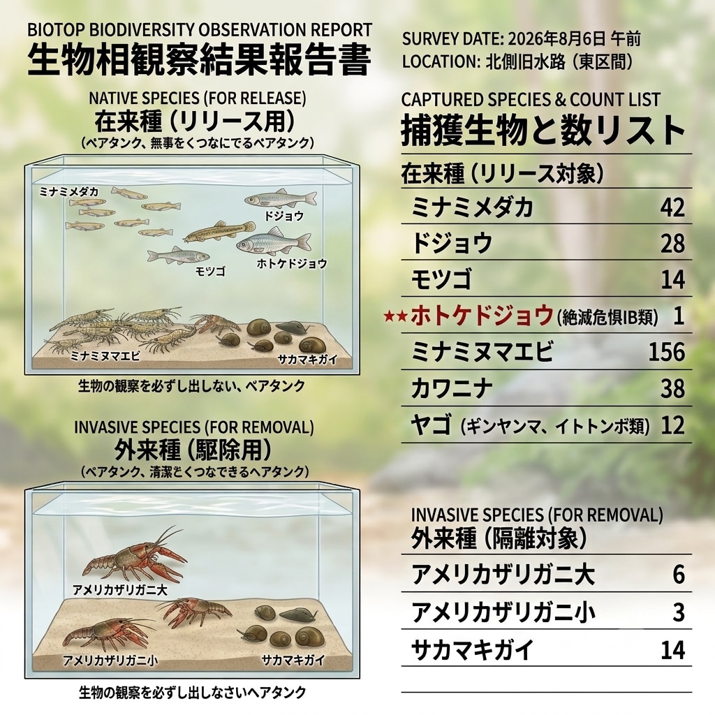 ドジョウ水路調査結果、及び各ビオトープへの配水ルート設定