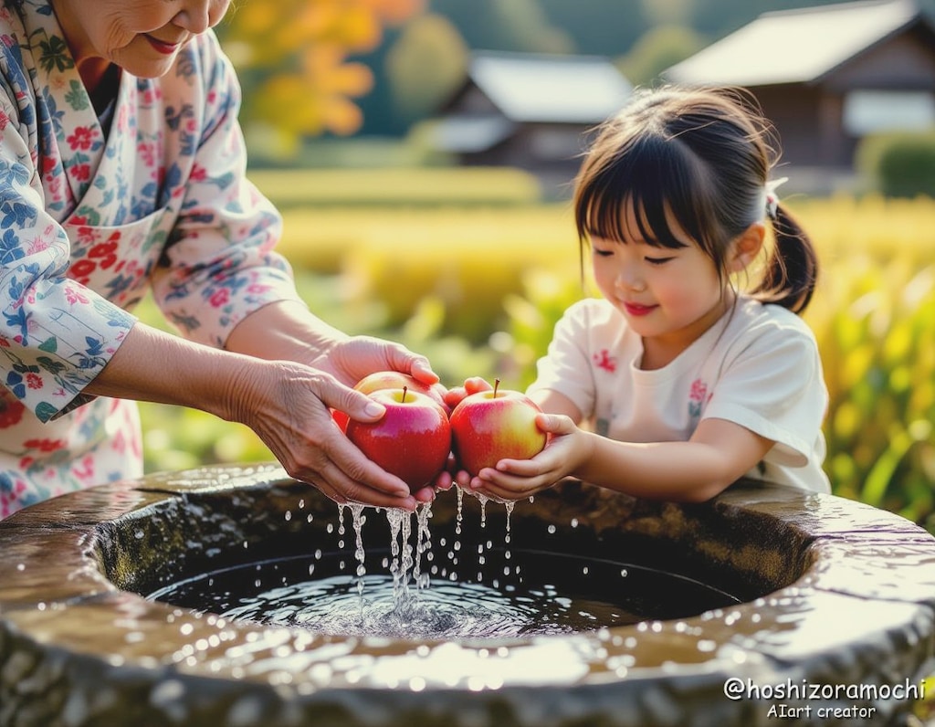 井戸端の輝き【冷たい水に洗われるりんご】 / The brilliance of the well [Apples washed in cold water]