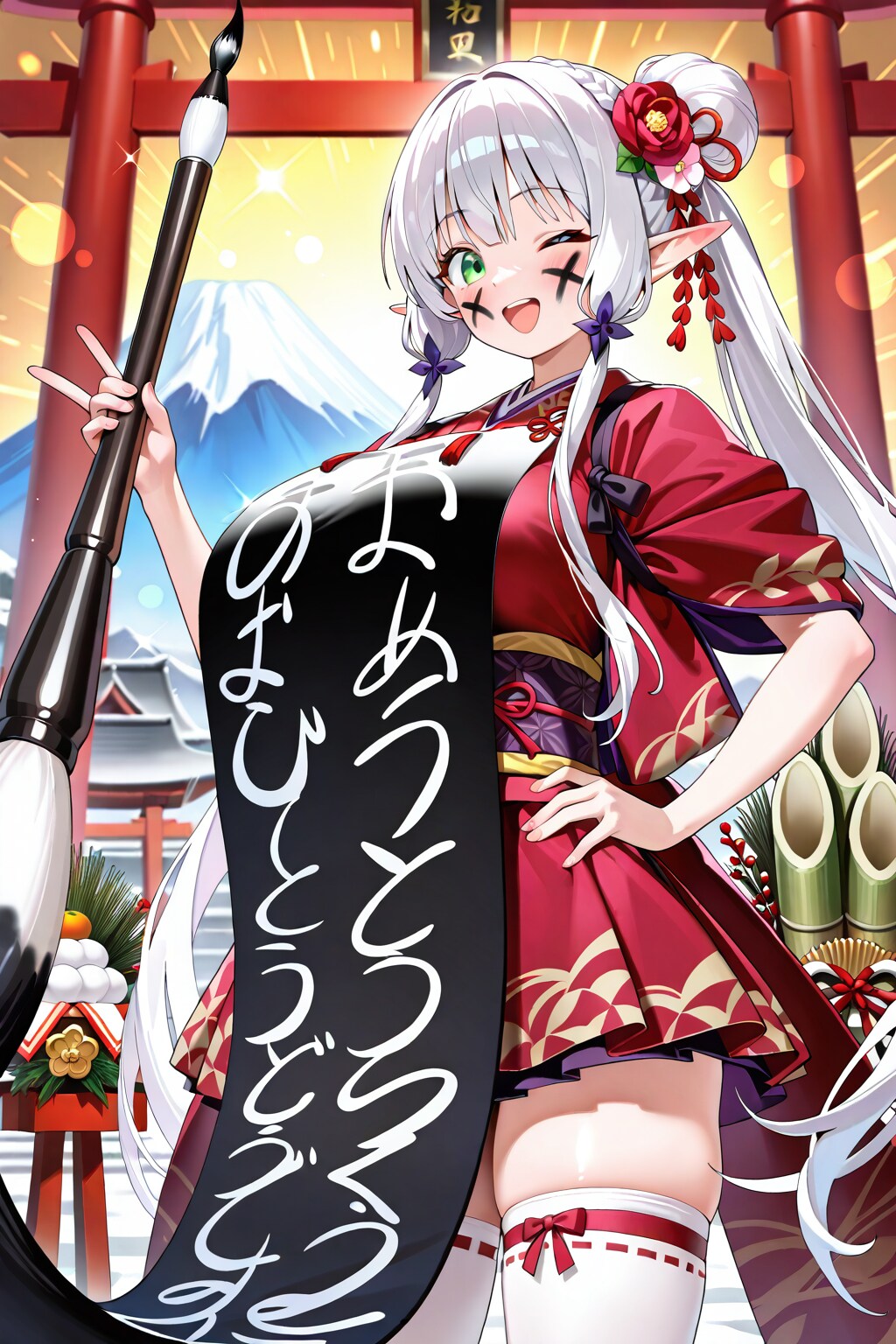 新年の書き初め？をするエルフの女の子