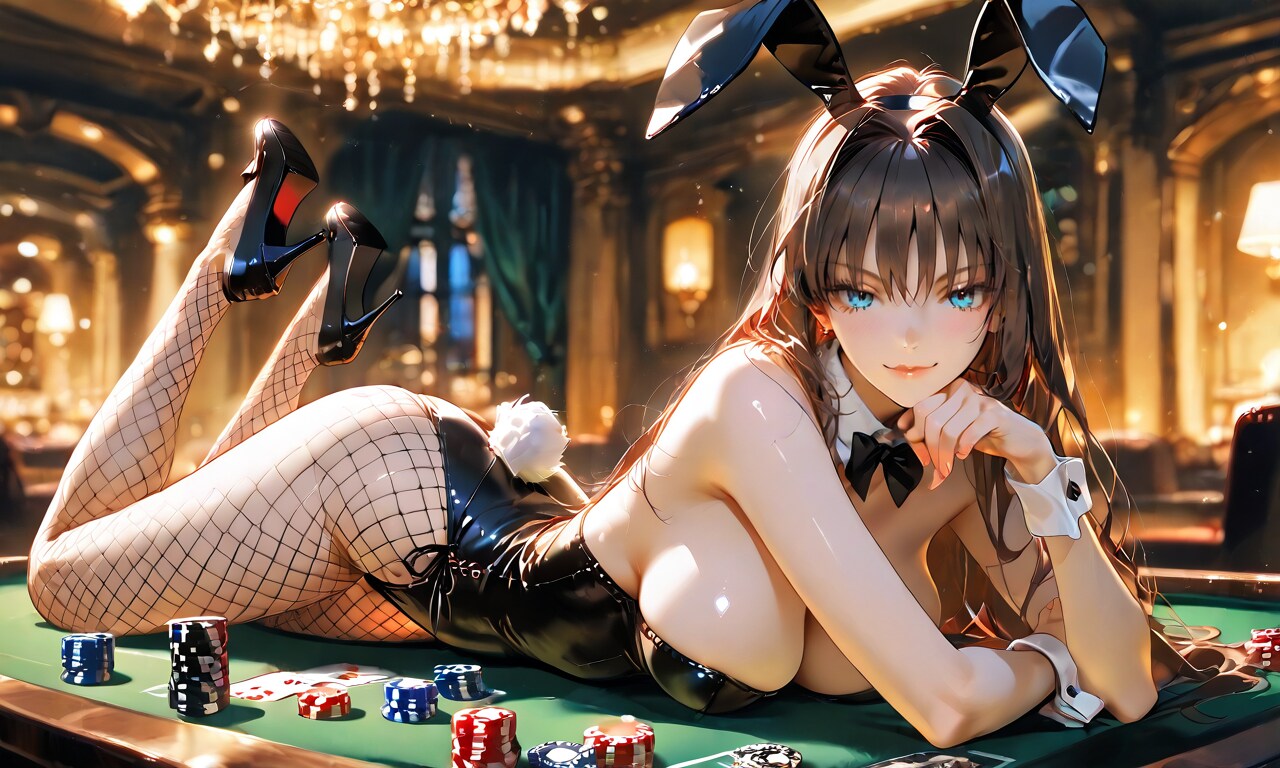 蒼崎青子、カジノのテーブルで勝ち誇る黒バニーの流し目