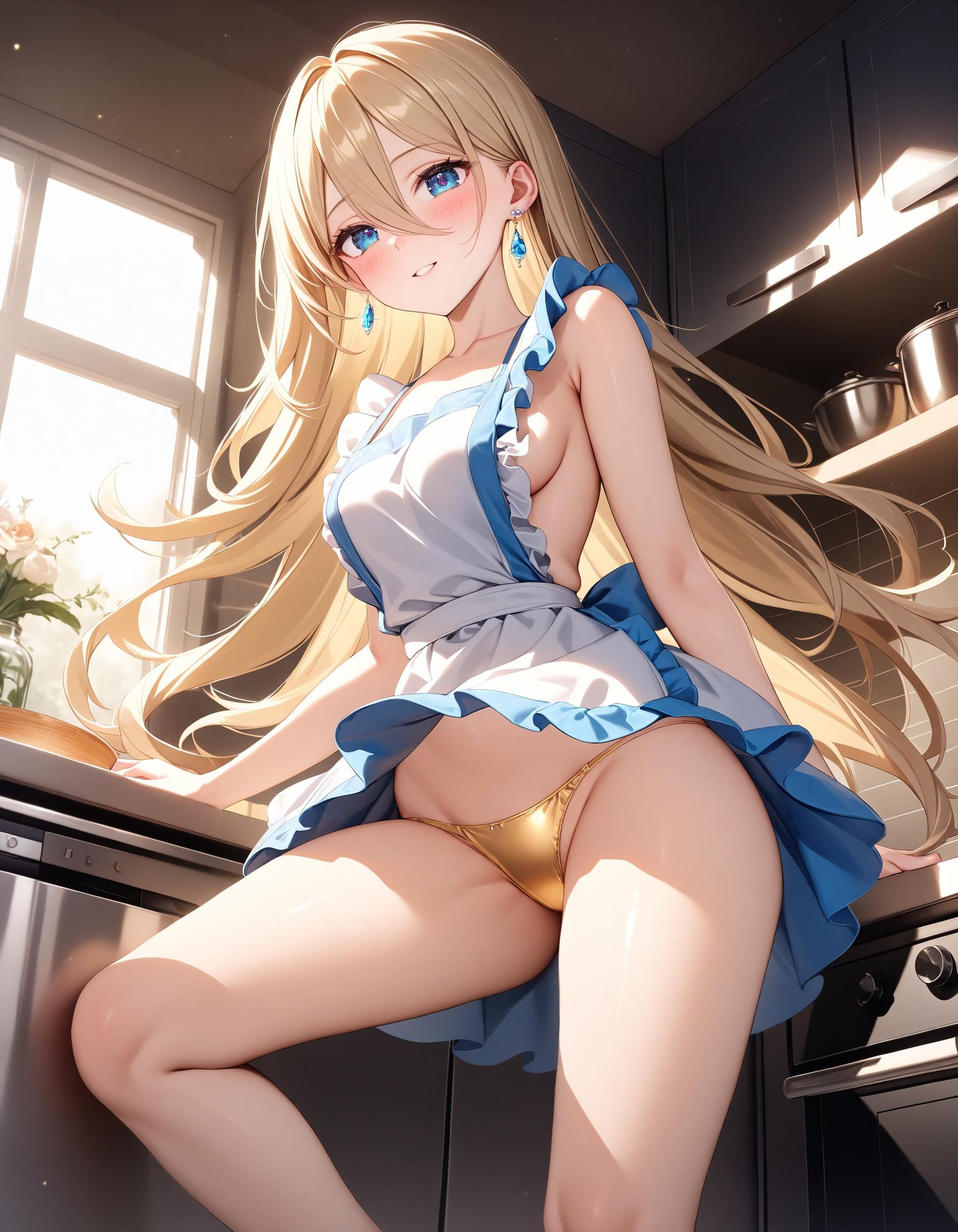 裸エプロンでパンチラ