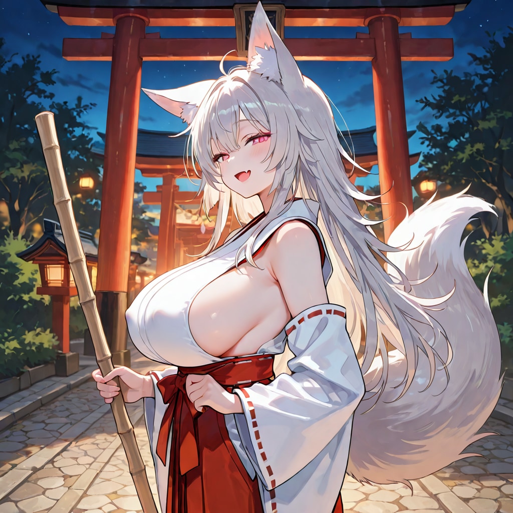 夜の神社と白狐巫女さま