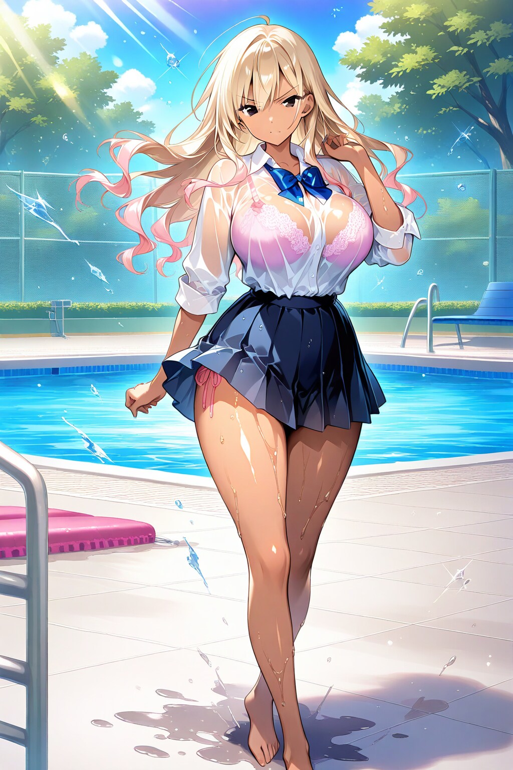 水に濡れてシャツが透けた褐色ギャル