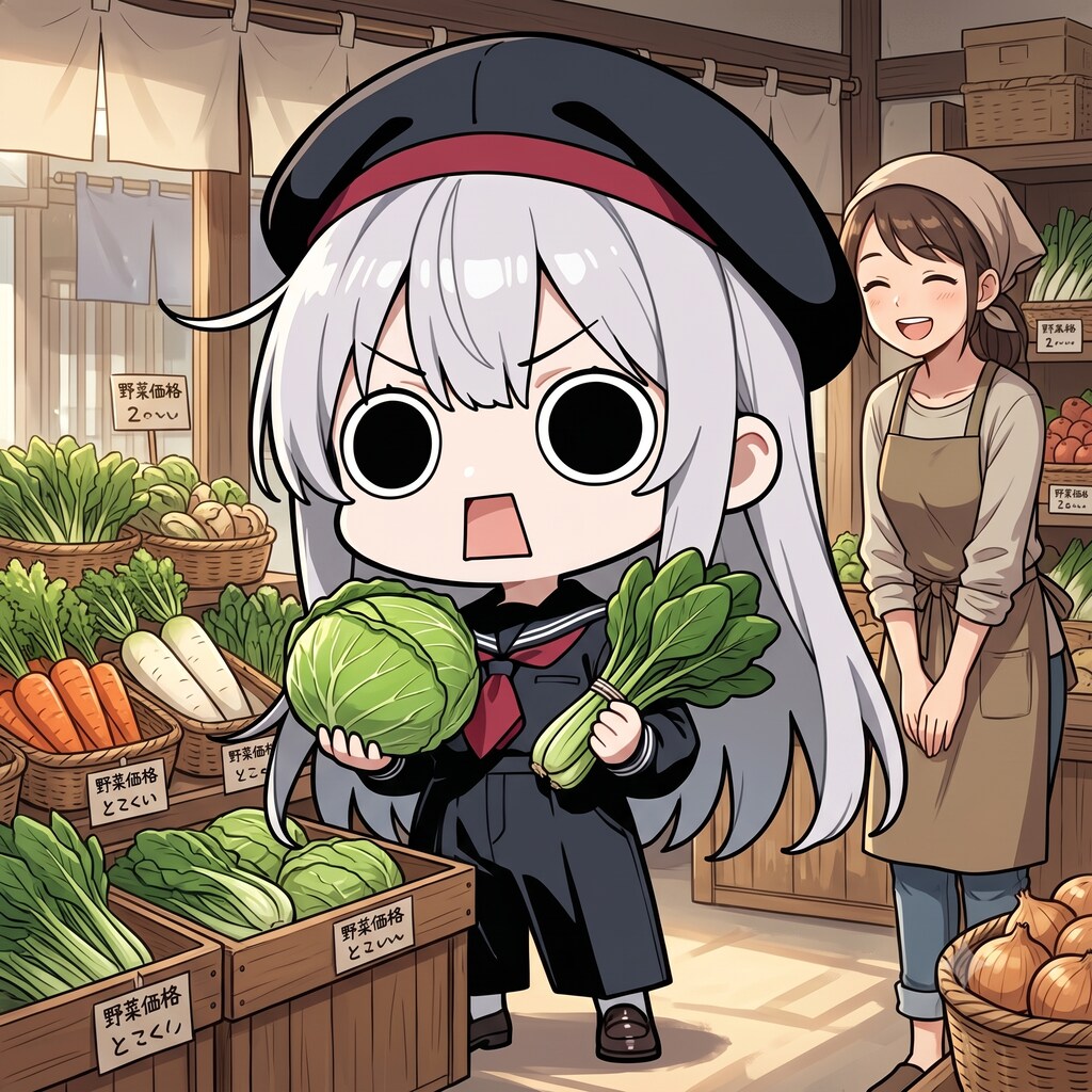 菜っ葉の日に野菜を吟味するえらいこっちゃ嬢