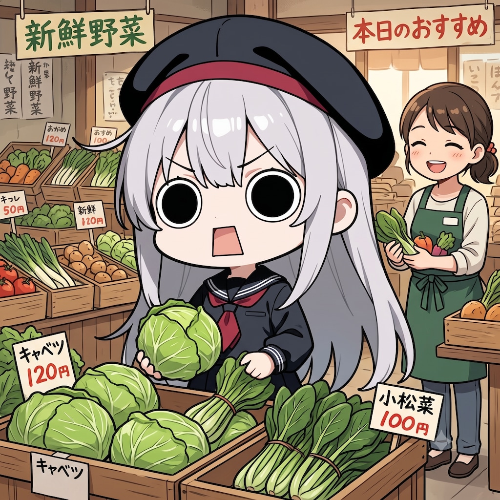 菜っ葉の日に野菜を吟味するえらいこっちゃ嬢