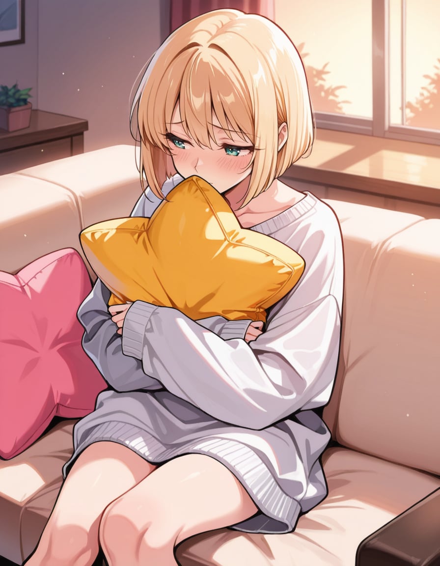 クッションを抱きしめる男の子