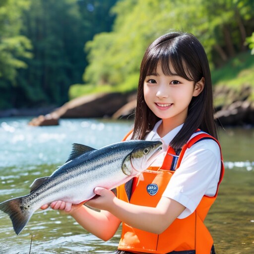 鮭をつかまえた女の子