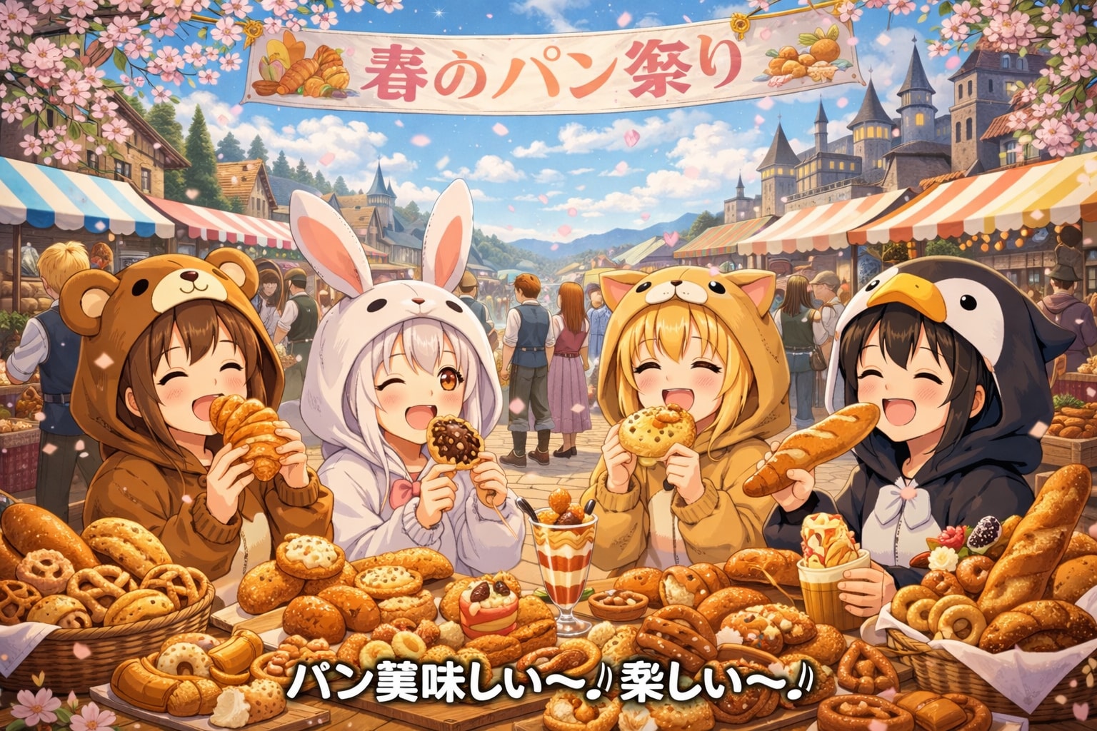 【All0416c】今日は街で開催される恒例の「春のパン祭り」に行ってきた。パンを買うと福引券がもらえるらしい（モデル: ChatGPT） | の人気AIイラスト・グラビア