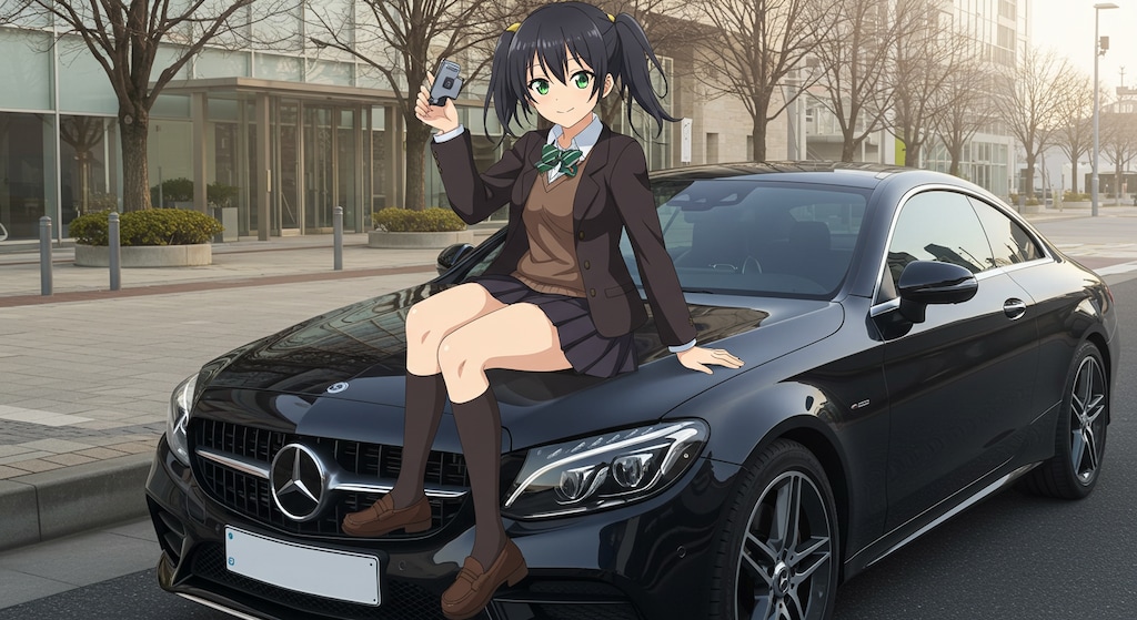 アニメキャラとメルセデスベンツクーペ