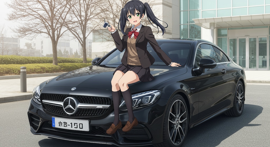 アニメキャラとメルセデスベンツクーペ
