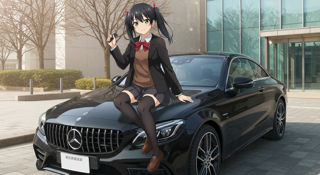 アニメキャラとメルセデスベンツクーペ