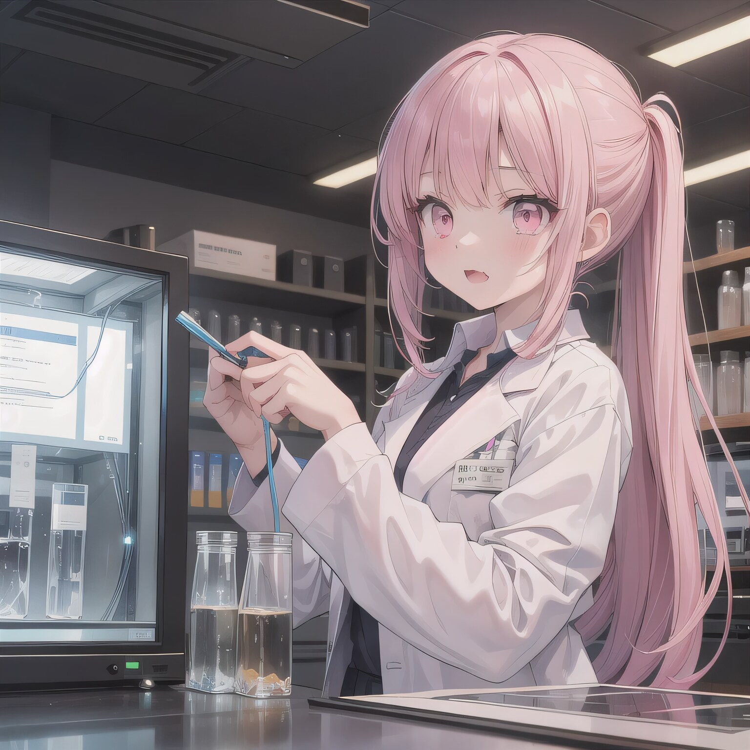 ピンク髪ポニテで白衣の少女 | の人気AIイラスト・グラビア