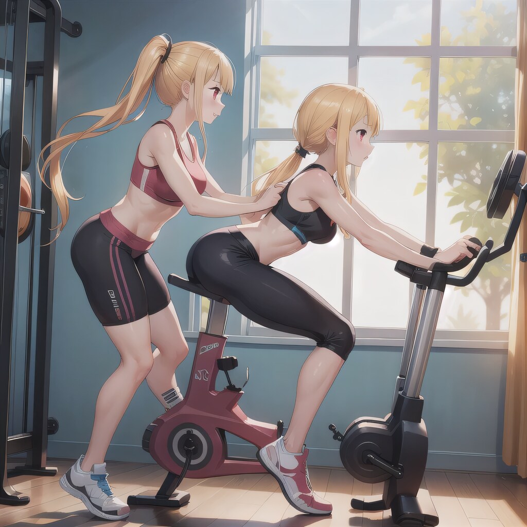 金髪ポニテでエアロバイクの少女