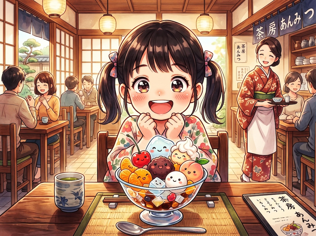 特大スイーツに目を輝かせる女の子