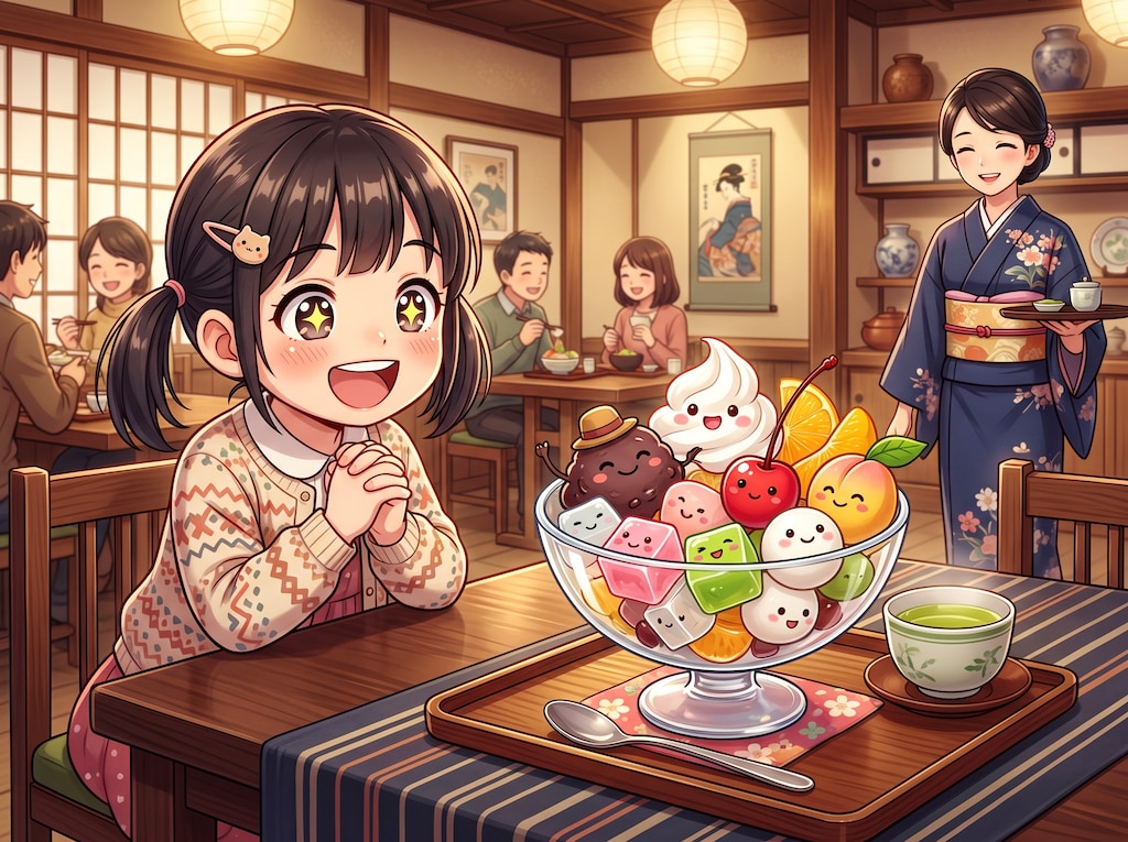 特大スイーツに目を輝かせる女の子