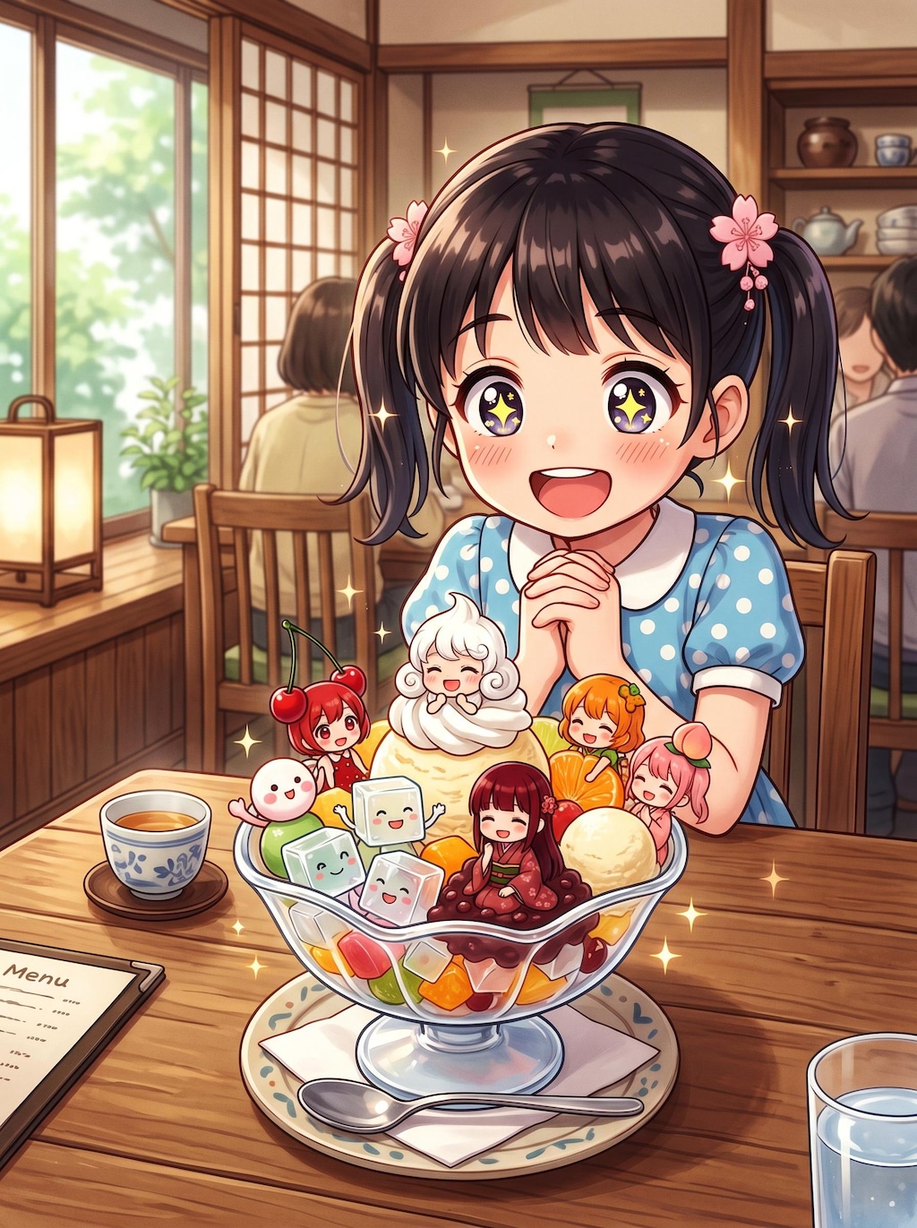 特大スイーツに目を輝かせる女の子