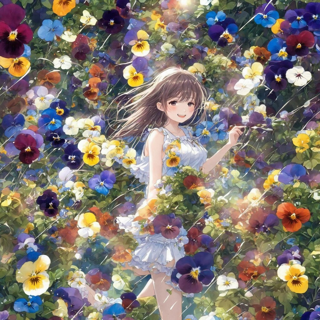 パンジーの花に囲まれて