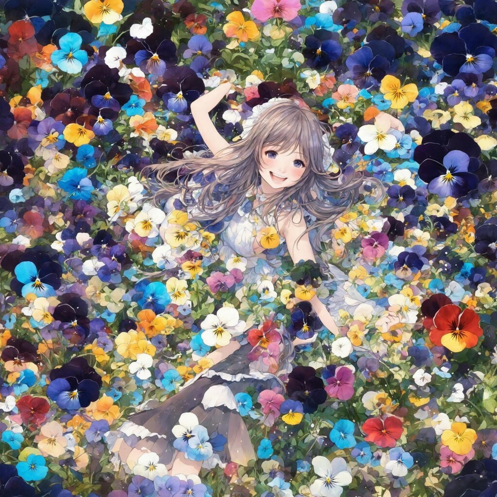 パンジーの花に囲まれて