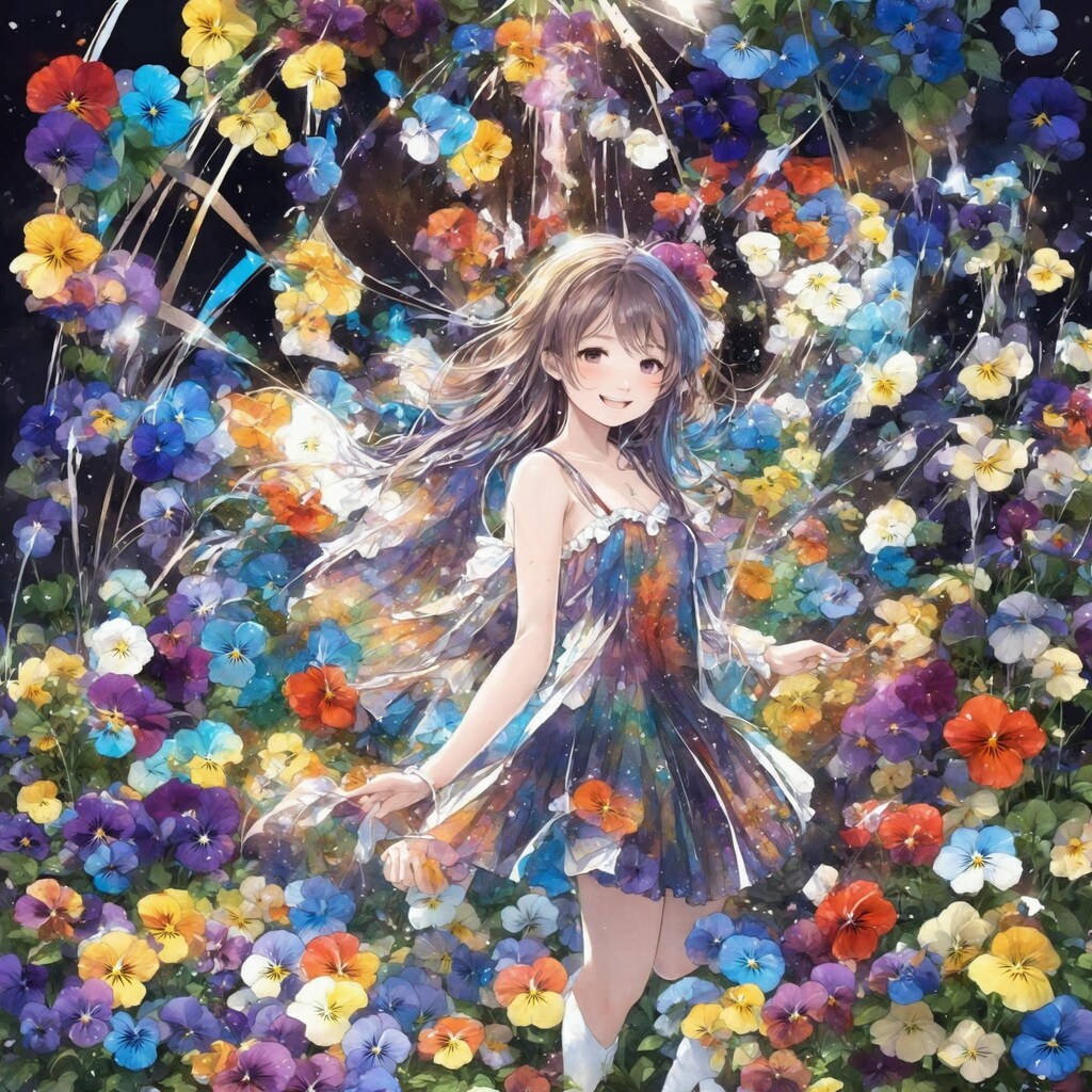 パンジーの花に囲まれて