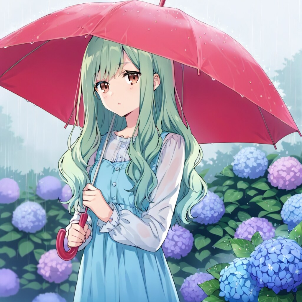 紫陽花に赤い傘