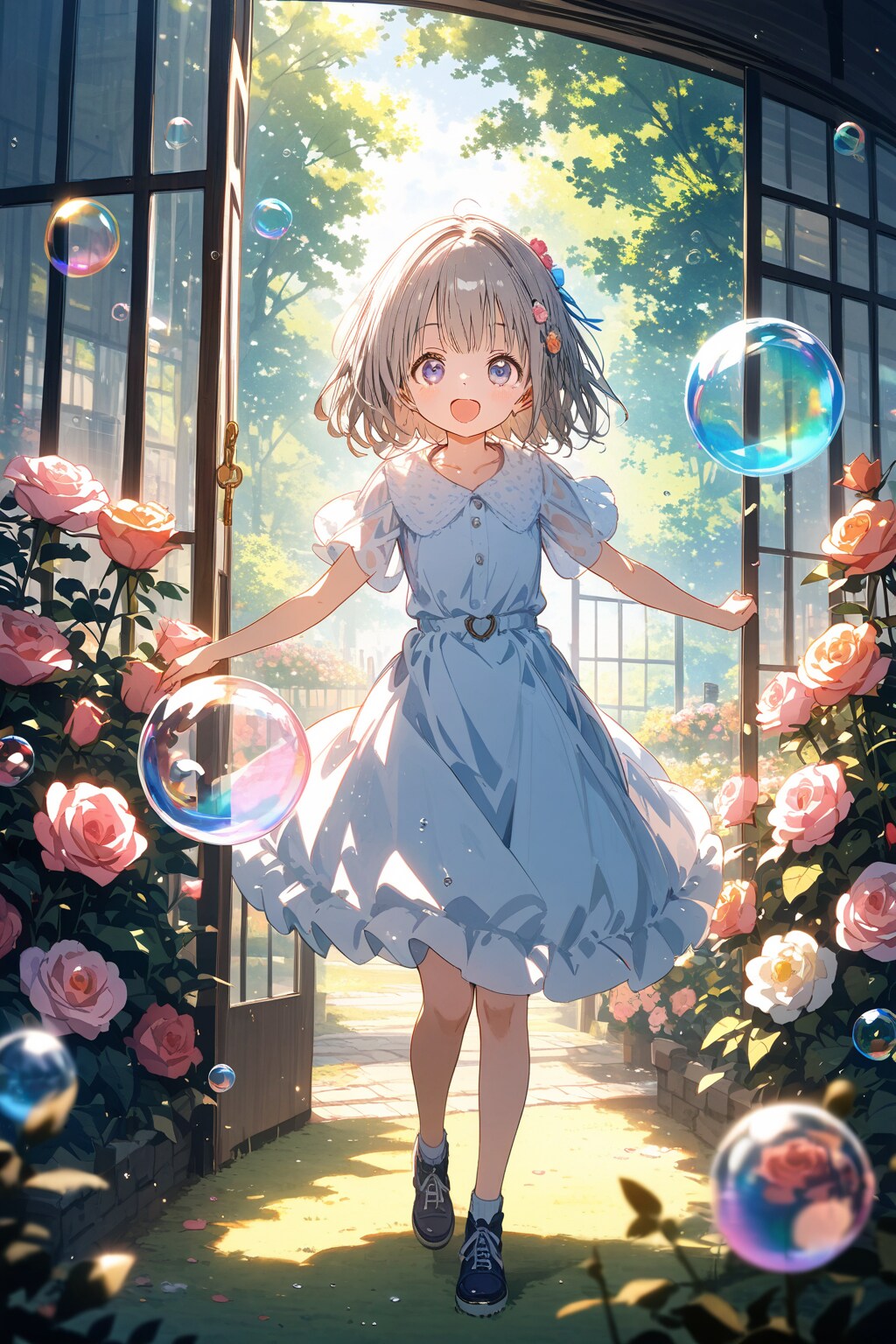 バラ園とシャボン玉と女の子