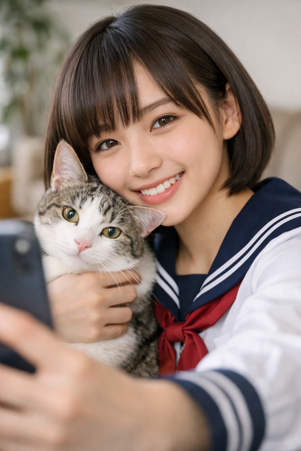 猫と一緒に自撮り