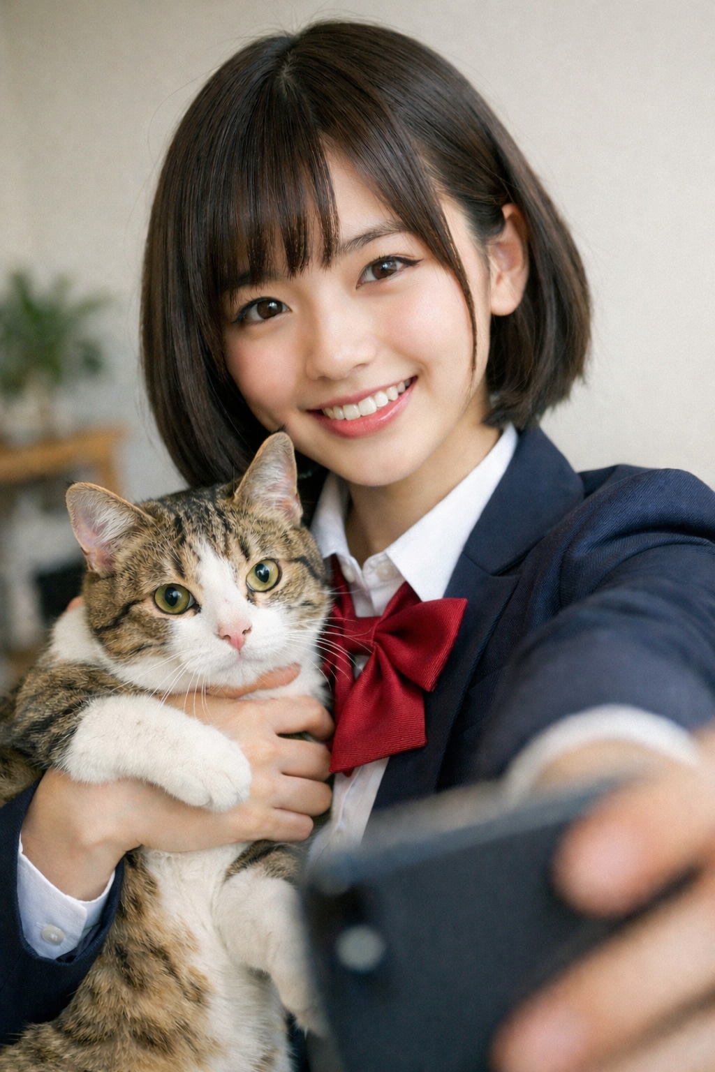 猫と一緒に自撮り
