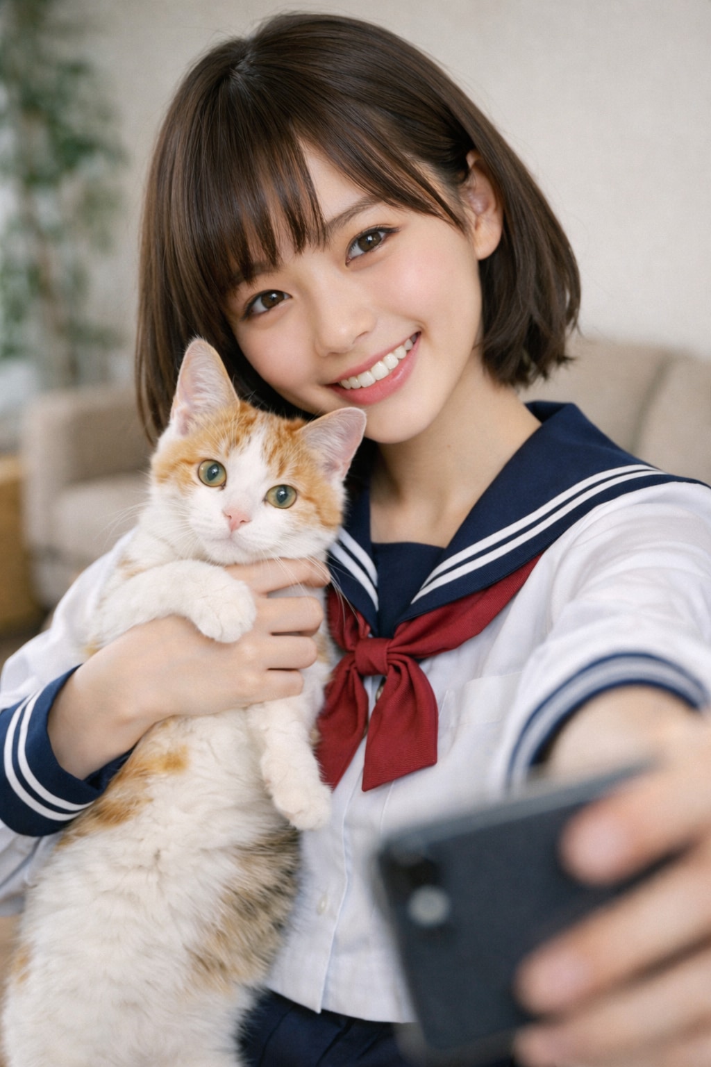 猫と一緒に自撮り