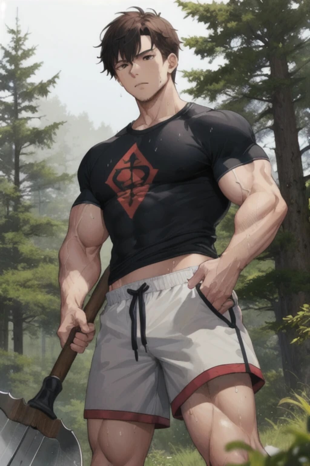 杉の木を切る女性