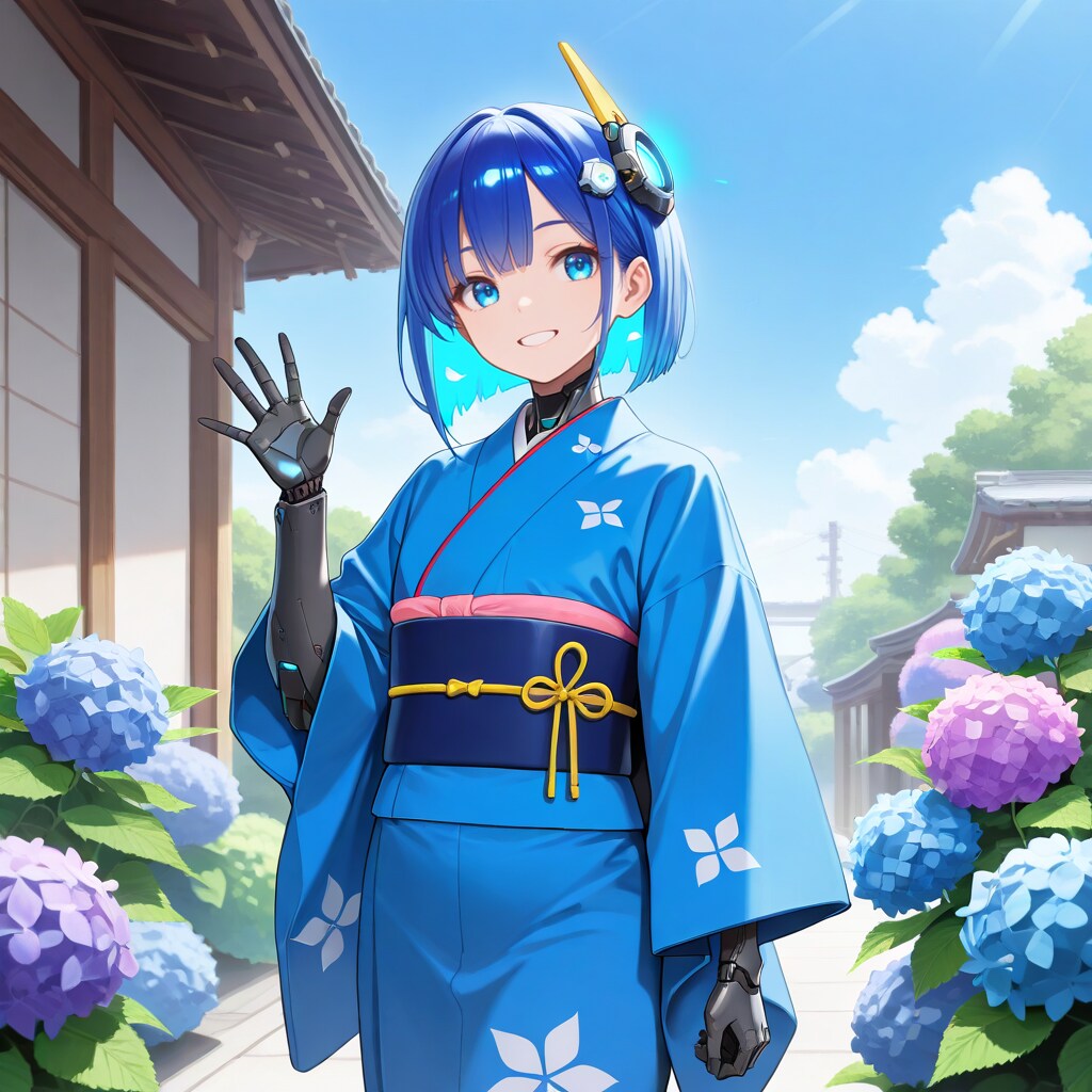 紫陽花と浴衣サイボーグ嬢