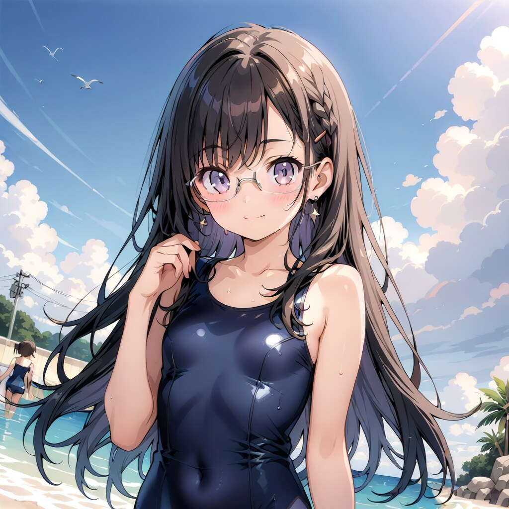 黒髪メガネ スク水姿