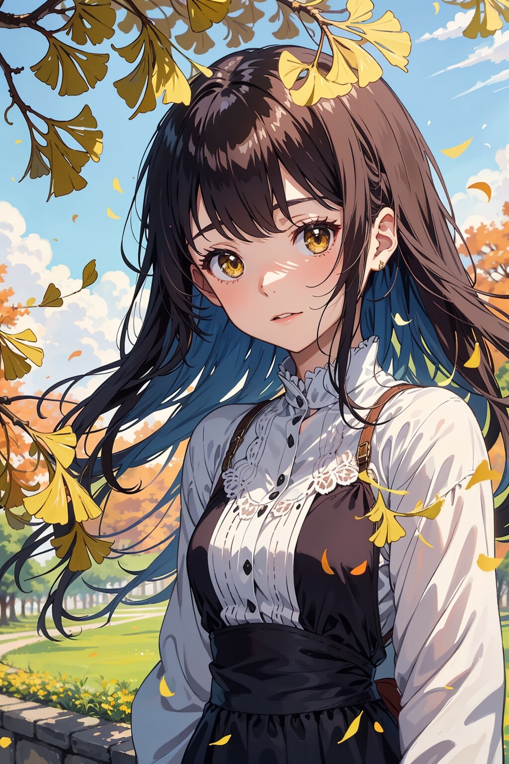 銀杏と黒髪の女の子