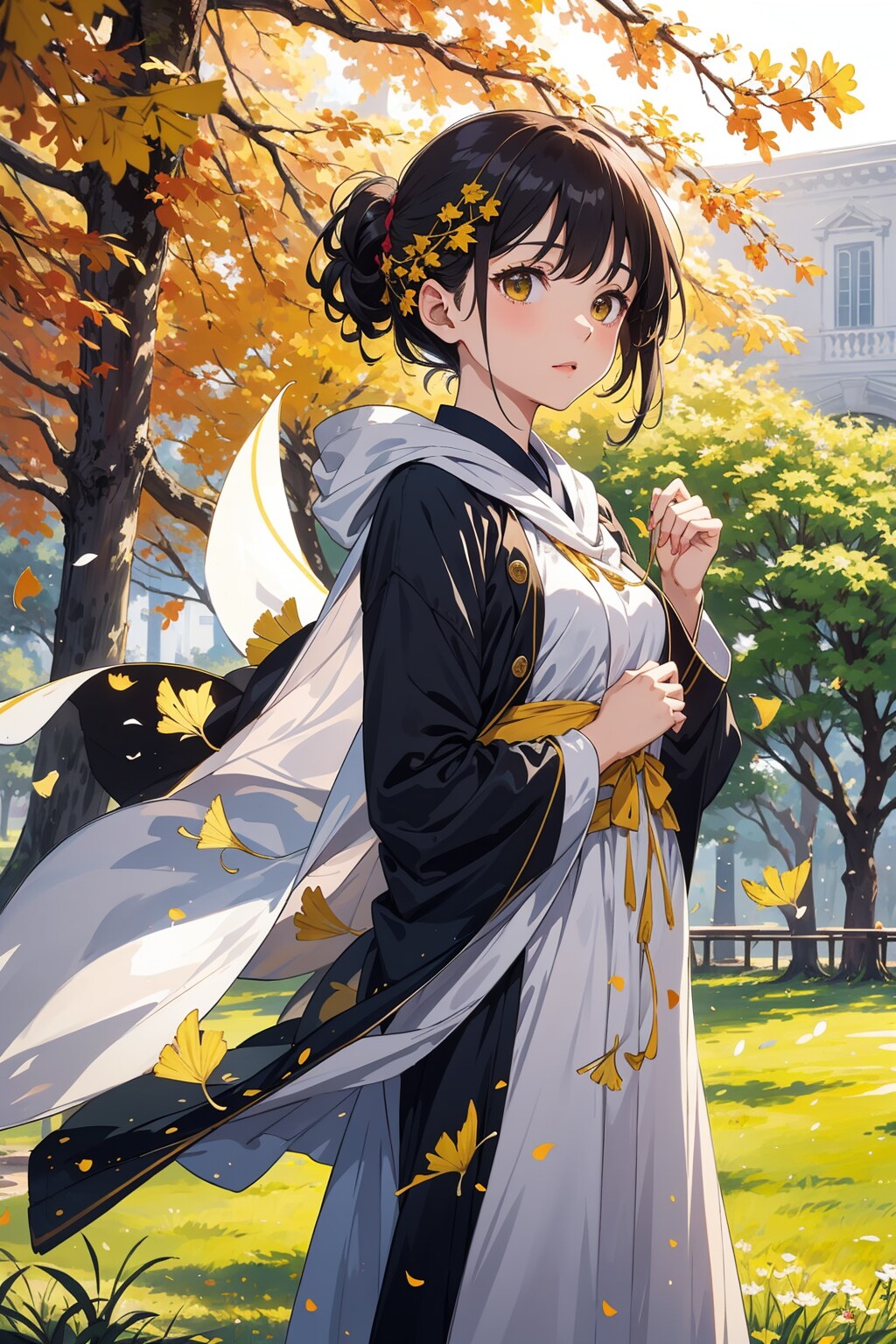 銀杏と黒髪の女の子