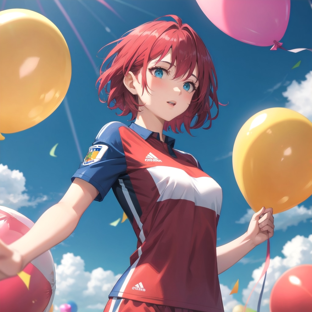 いっぱい風船を持つ赤い髪ショートカットのサッカーユニフォーム着た美女。