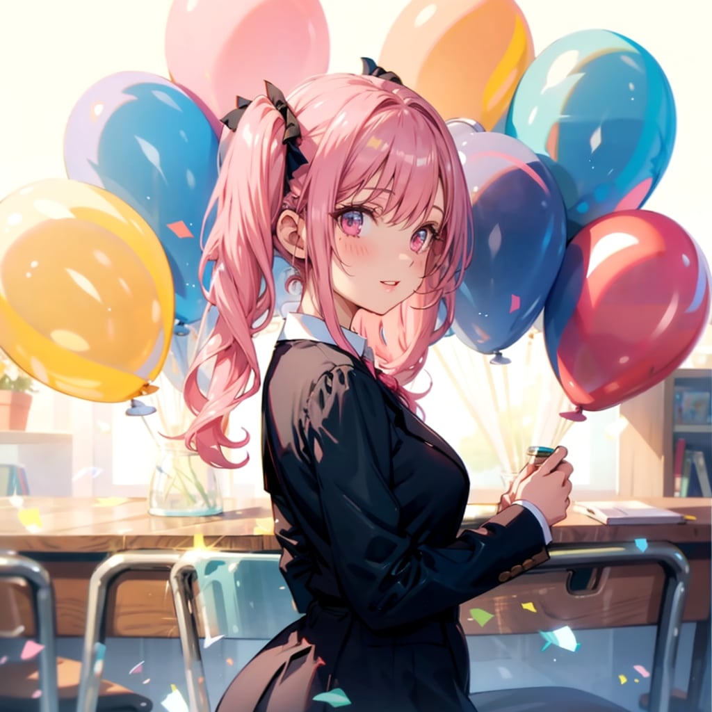 いっぱい色とりどりの風船を持つピンク髪ツインテールの黒いスーツ着た美女先生