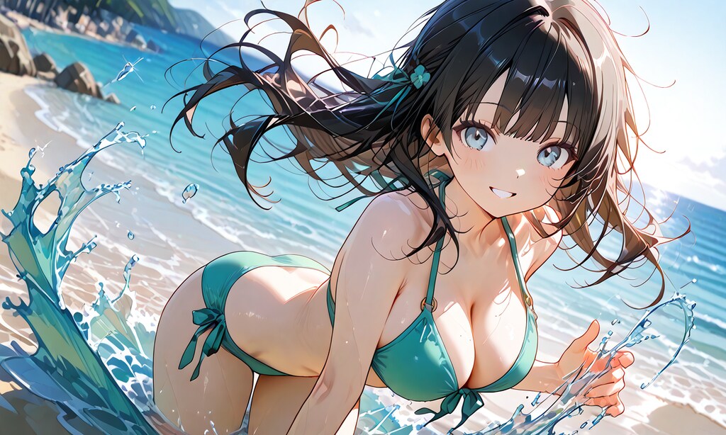 海ではしゃいで