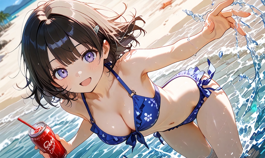 海ではしゃいで